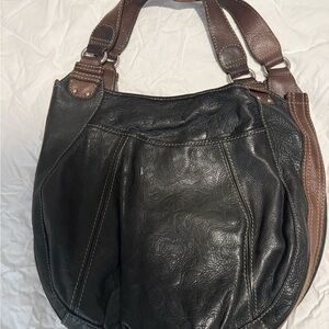 Elegant Fossil Black and Brown Leather Tote Bag
